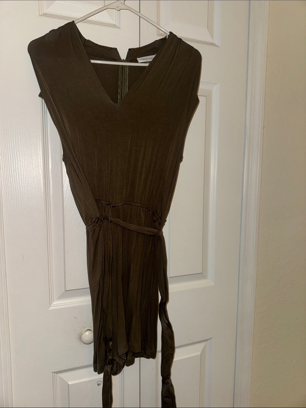 Calvin Klein Olive-Brown V-Neck Mini Dress with Tie Waist